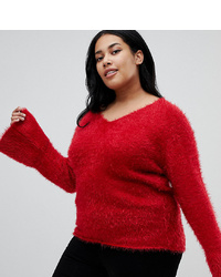 Red Fluffy V-neck Sweater