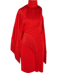 Givenchy One Shoulder Fringed Jersey Turtleneck Mini Dress Red