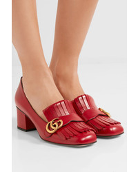 Gucci Marmont Fringed Logo Embellished Leather Pumps Red