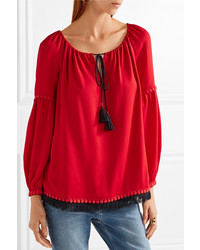 Tory Burch Sylvie Fringe And Guipure Lace Trimmed Silk Blouse Red