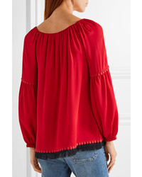 Tory Burch Sylvie Fringe And Guipure Lace Trimmed Silk Blouse Red