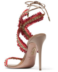Aquazzura Latin Lover Studded Fringed Suede And Leather Sandals Red