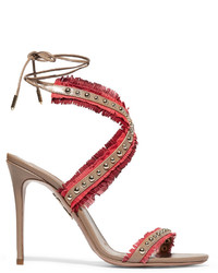 Aquazzura Latin Lover Studded Fringed Suede And Leather Sandals Red