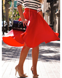 Red High Waist Flare Skirt