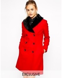 Nishe Double Breasted Coat With Faux Fur Trim Redblack Fur