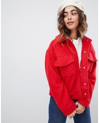 Monki Textured Short Jacket With Oversized Pockets In Red