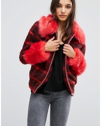 Urban Code Urbancode Checked Bomber Jacket With Faux Fur Collar And Cuffs