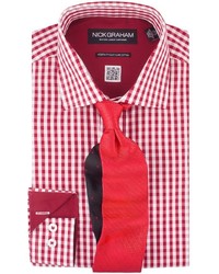 Nick Graham Shirttie Set Red Gingham Shirt Chevron Textured Red Tie