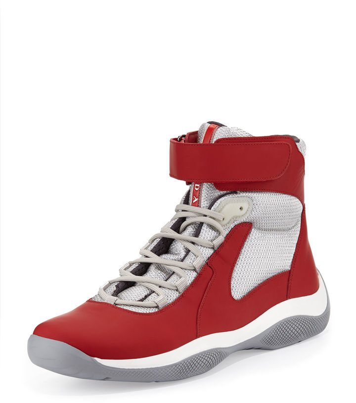 Prada Punta Ala High Top Sneaker Red, $650 | Neiman Marcus | Lookastic