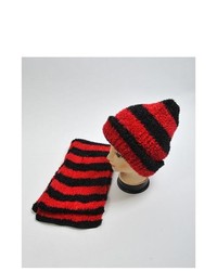 Selini Black And Red Striped Shaggy 2 Piece Cap And Scarf Set Wntset34