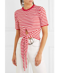 Sonia Rykiel Tie Front Striped Stretch Cotton Jersey Top Red