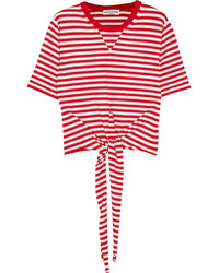 Sonia Rykiel Tie Front Striped Stretch Cotton Jersey Top Red