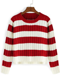 Striped Dip Hem Red Sweater