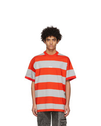 MSGM Red And Grey Striped Logo T Shirt