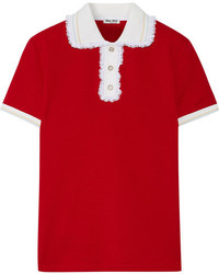 Miu Miu Lace Trimmed Cotton Piqu Polo Shirt Red