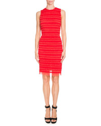 Givenchy Sleeveless Stripe Ruffled Sheath Dress Red