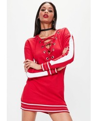 Missguided Red Contrast Stripe Hooded Sweater Dress