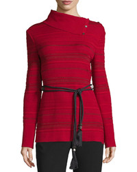 St. John Collection Striped Asymmetric Turtleneck Sweater Ruby