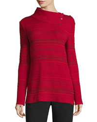 St. John Collection Striped Asymmetric Turtleneck Sweater Ruby