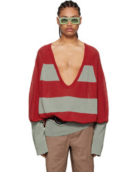 Red Horizontal Striped V-neck Sweater