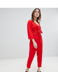 Lost Ink Petite Jumpsuit With Tie Front And Shirred Waist