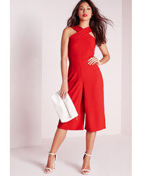 Missguided Crepe Cross Front Strap Culotte Romper Red