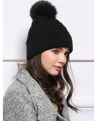 Cable Knit Pom Black Hat