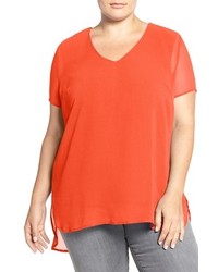 Vince Camuto Sheer V Neck Blouse With Knit Underlay