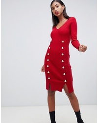 Morgan Knitted Bodycon Dress With Button Detail In Red