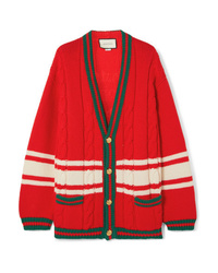 Gucci Chateau Marmont Embroidered Striped Cable Knit Wool Cardigan