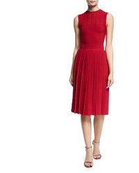 Oscar de la Renta Sleeveless Pleated Skirt Knit Dress Berry