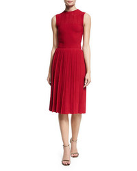 Oscar de la Renta Sleeveless Pleated Skirt Knit Dress Berry