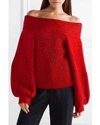 Oscar de la Renta Off The Shoulder Metallic Ribbed Wool Blend Sweater