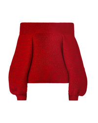 Oscar de la Renta Off The Shoulder Metallic Ribbed Wool Blend Sweater