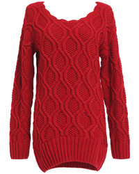 ChicNova Oversized Red Cable Knit Sweater With Scalloped Trim