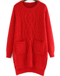 Diamond Patterned Dip Hem Red Sweater Dress
