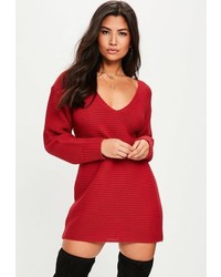 Missguided Red V Front Knit Sweater Dress
