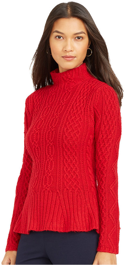 LAUREN RALPH LAUREN Sweater Womens Medium Red Cable Knit Gold Clasp Cotton  VNeck