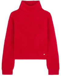 Versace Split Sleeve Ribbed Wool Turtleneck Sweater Red