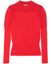 Carven Pointelle Knit Wool Blend Sweater Red