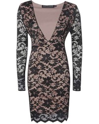 Boohoo Paola Long Sleeved Lace Plunge Bodycon Dress