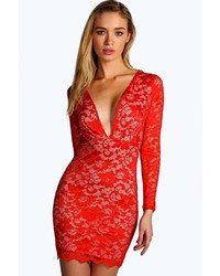 Boohoo Paola Long Sleeved Lace Plunge Bodycon Dress