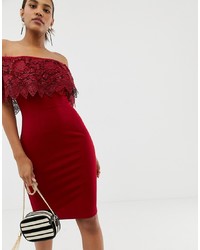Paper Dolls Lace Overlay Bardot Pencil Dress In Red