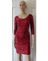 American Apparel Lace Print Dress Tricot Bodycon Short Mini Red Peach S M L Usa
