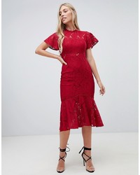 Forever New Midi Lace Dress With Frill Sleeve In Berry