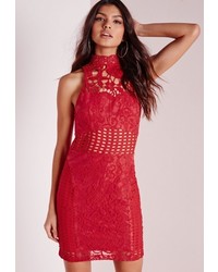 Missguided Lace Cut Out Sleeveless Bodycon Dress Red