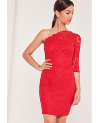 Missguided Lace One Shoulder Bodycon Dress Red