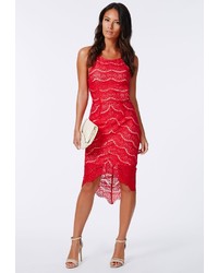 Missguided Lolla Lace Curved Hem Bodycon Dress Red