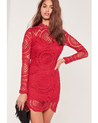 Missguided Scallop Circle Lace Bodycon High Neck Dress Red