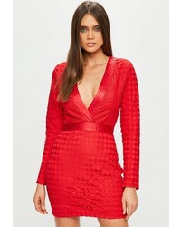 Missguided Red Lace Plunge Bodycon Dress